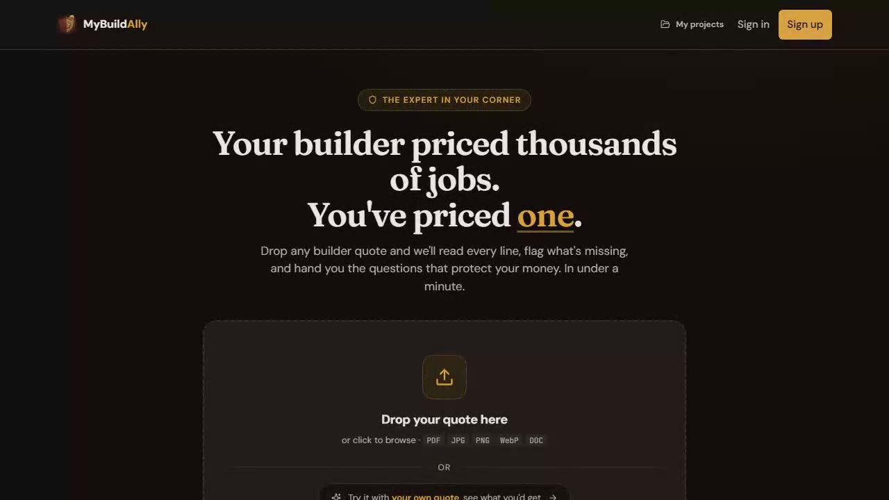 Preview of a builder quote being analysed by MyBuildAlly